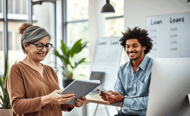 A person happily reviewing loan options online, illustrating the ease of getting a loan.
