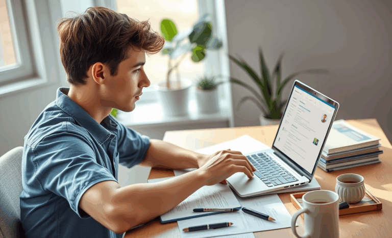 An individual confidently filling out an online job application on a laptop.