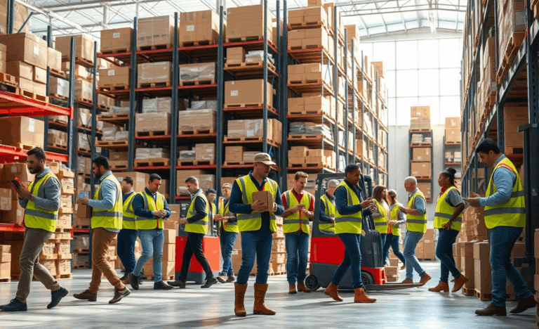 A diverse group of warehouse assistants working efficiently in a logistics environment.
