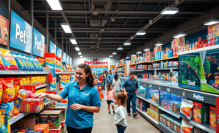 PetSmart staff assisting customers with pet care and inventory management.