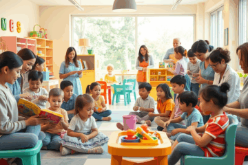 A collage of daycare assistants engaging with children in various playful learning activities.