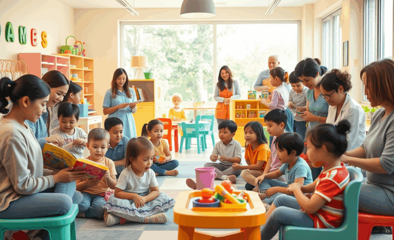 A collage of daycare assistants engaging with children in various playful learning activities.