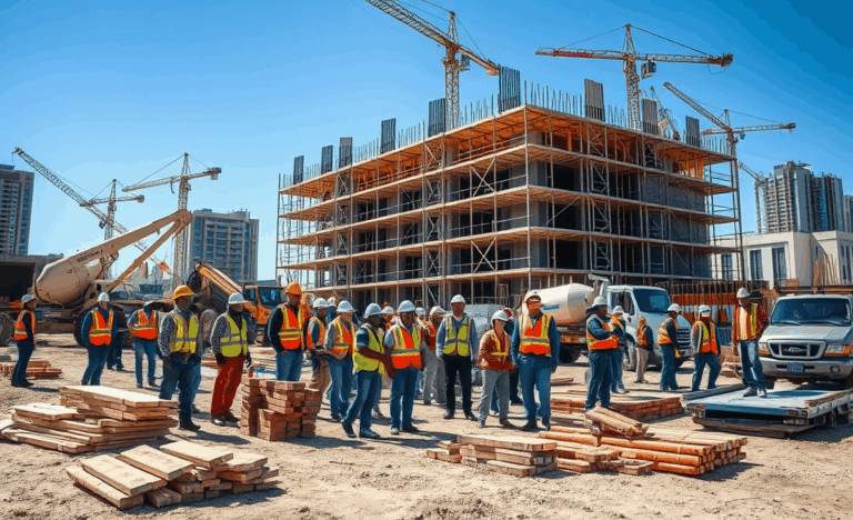 A group of construction laborers working on a site.