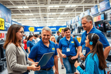 A diverse group of individuals working at Best Buy, representing various experience levels in a retail setting.