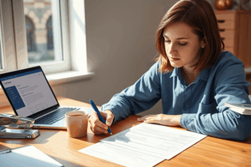 An individual carefully filling out a job application form.