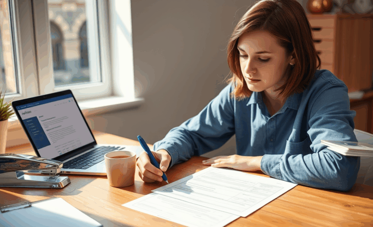 An individual carefully filling out a job application form.