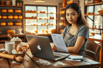 A person preparing a resume for a bakery assistant application, emphasizing key skills and enthusiasm.
