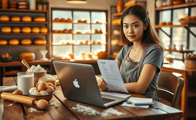 A person preparing a resume for a bakery assistant application, emphasizing key skills and enthusiasm.