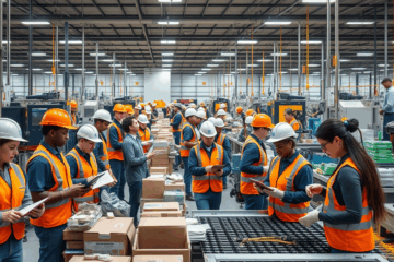 Industrial production assistants at work managing supplies and coordinating schedules.