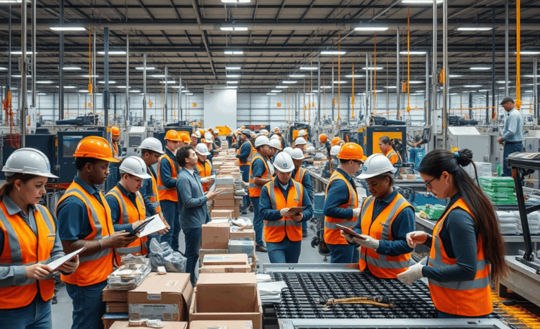Industrial production assistants at work managing supplies and coordinating schedules.