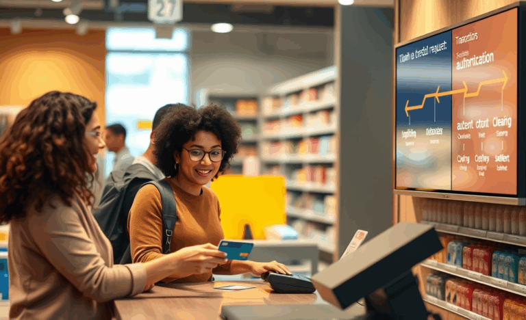 An infographic illustrating the process of how a credit card works, detailing borrowing, payments, and transaction steps.