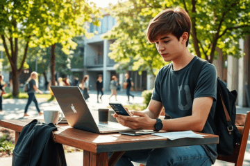 A young student researching credit card options online.