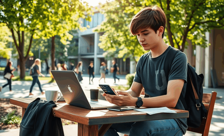 A young student researching credit card options online.