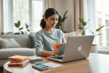 A person using a credit card to pay bills online