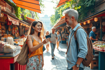 A traveler using an international credit card for purchases during a trip abroad.