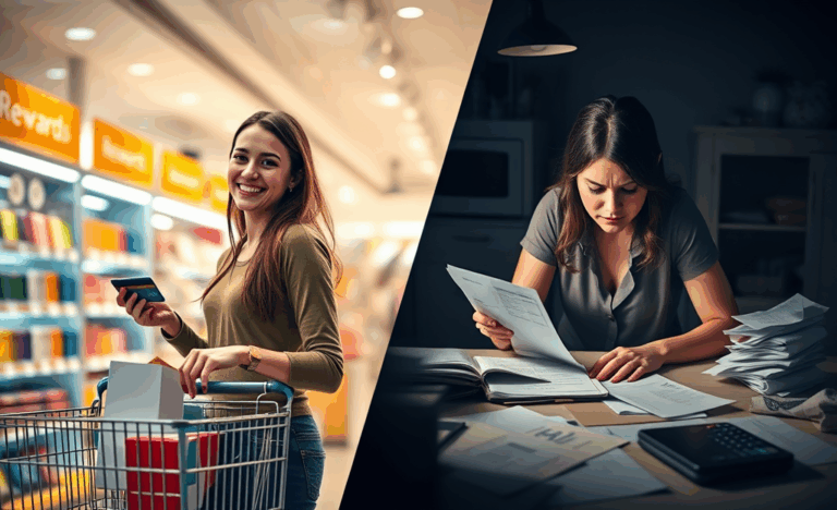 A person evaluating the benefits and risks of credit cards.