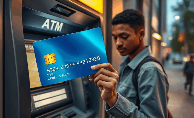 A person using a credit card at an ATM for emergency cash withdrawal.