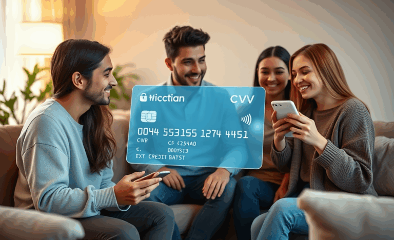 Illustration of a virtual credit card highlighting its features and benefits.