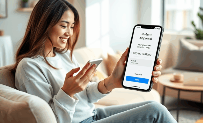 Illustration of a mobile phone showing a credit card approval with instant access to funds.