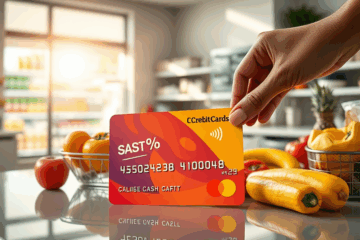 A credit card on a grocery shopping list illustrating discounts at supermarkets.