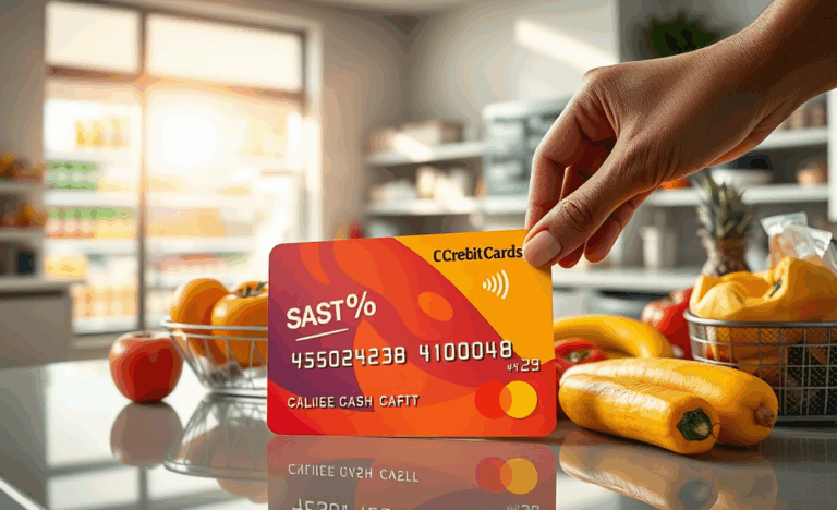 A credit card on a grocery shopping list illustrating discounts at supermarkets.