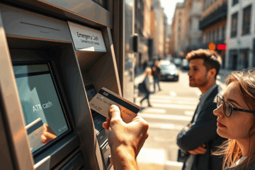 A person withdrawing cash from an ATM using a credit card with emergency cash withdrawal feature.