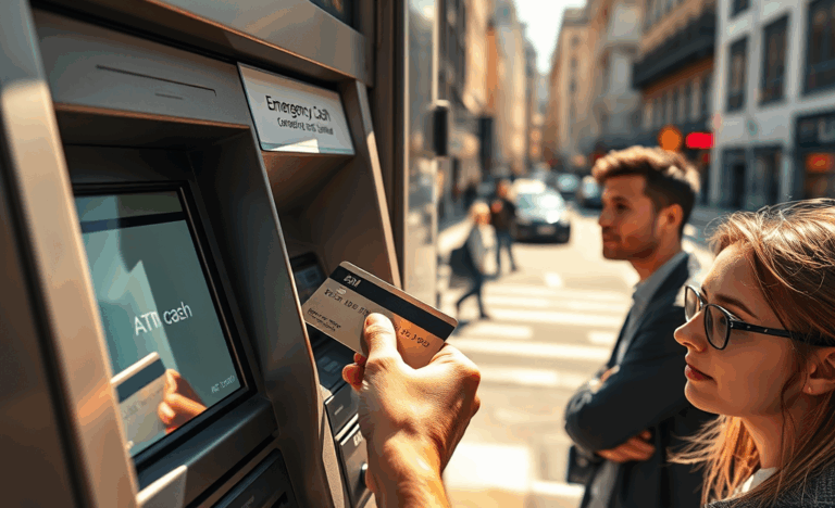 A person withdrawing cash from an ATM using a credit card with emergency cash withdrawal feature.