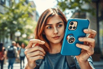 A mobile phone with a quick release system being used by a photographer for seamless transitions.