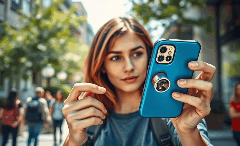 A mobile phone with a quick release system being used by a photographer for seamless transitions.