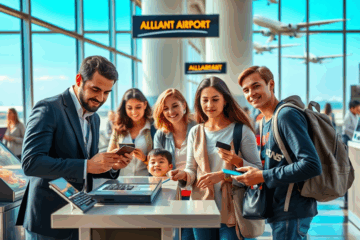A traveler using a credit card at a global destination.