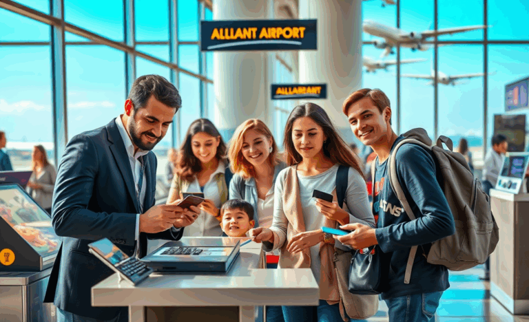 A traveler using a credit card at a global destination.