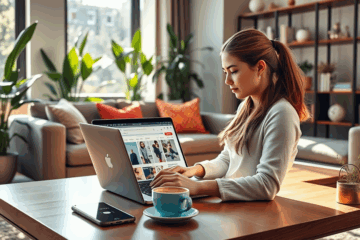 A person shopping online securely on a laptop with various security icons in the background.