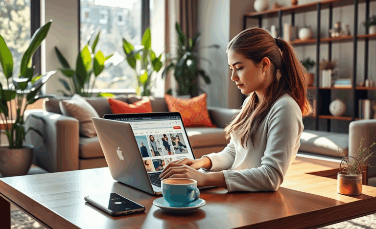 A person shopping online securely on a laptop with various security icons in the background.