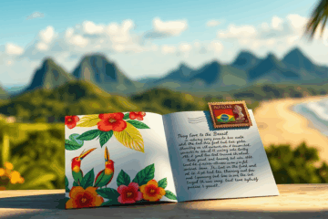 Illustration of a card being sent to Brazil with postal elements.