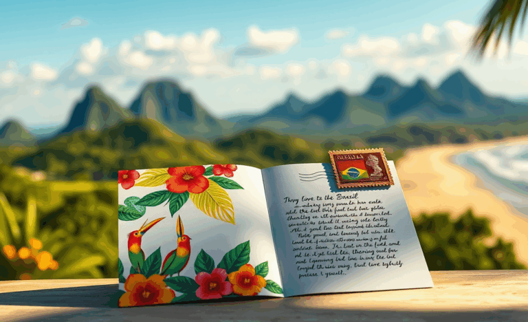 Illustration of a card being sent to Brazil with postal elements.