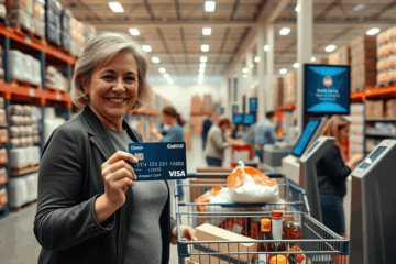 A Costco membership card displayed with a shopping cart background, representing savings and cashback rewards.