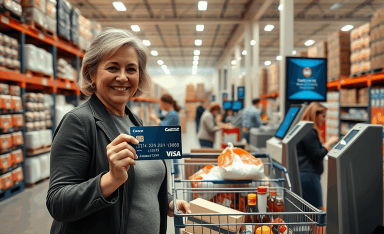 A Costco membership card displayed with a shopping cart background, representing savings and cashback rewards.